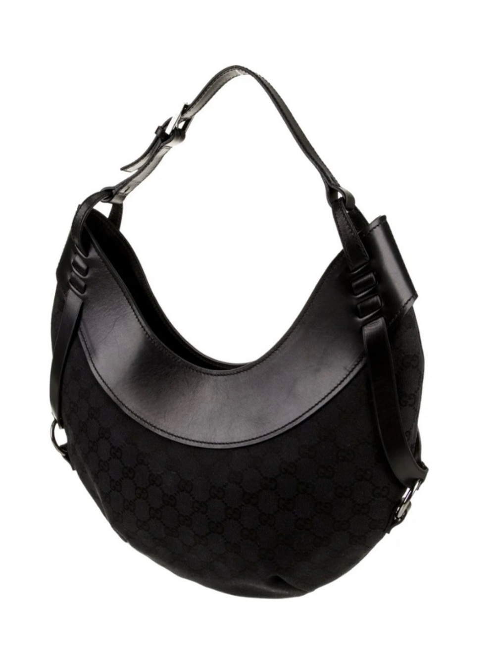 Gucci Black Crescent Hobo Bag with Monogram Canvas & Leather Trim